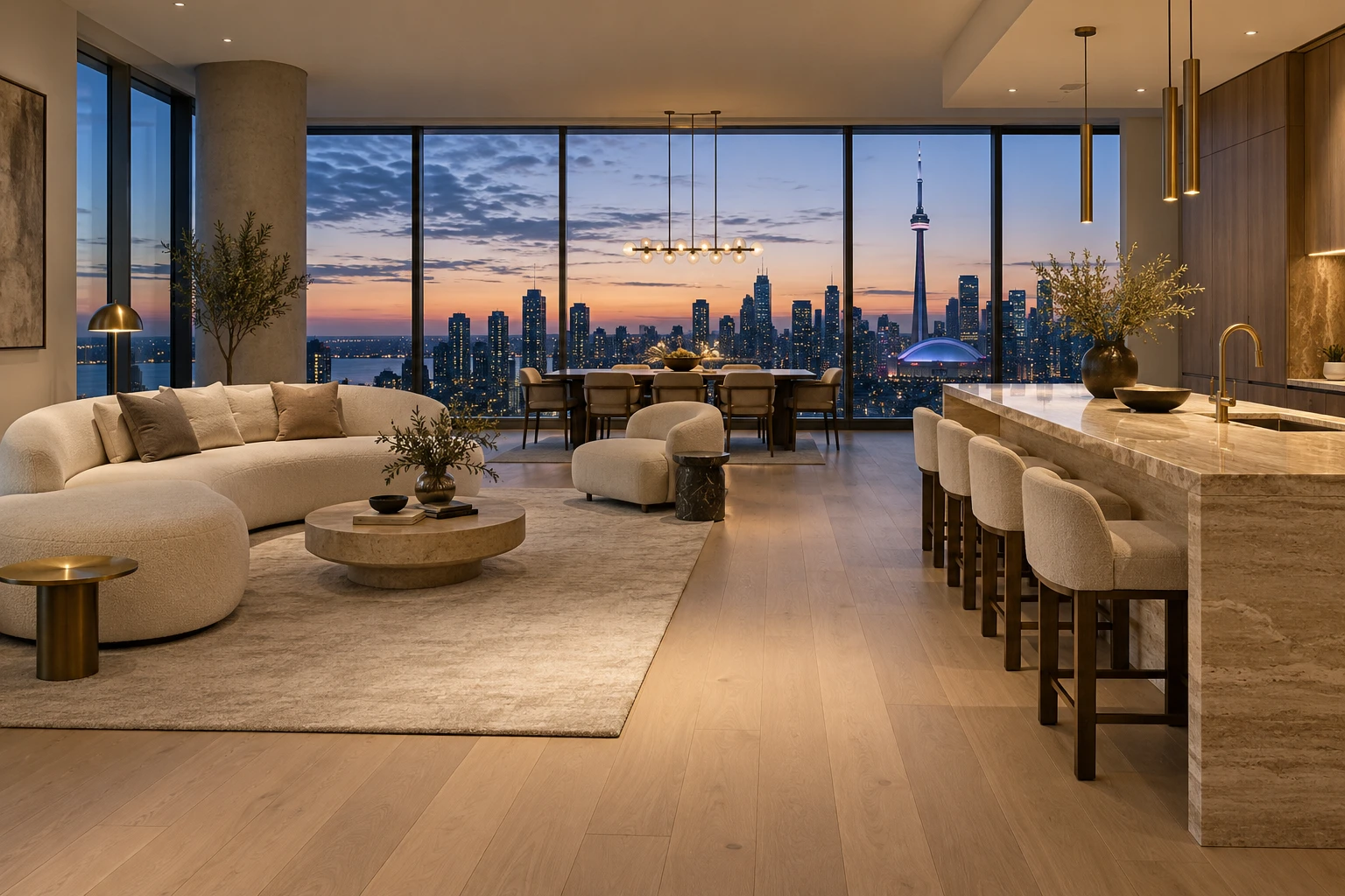 Concept of a luxury Toronto penthouse with warm oak floors and skyline views